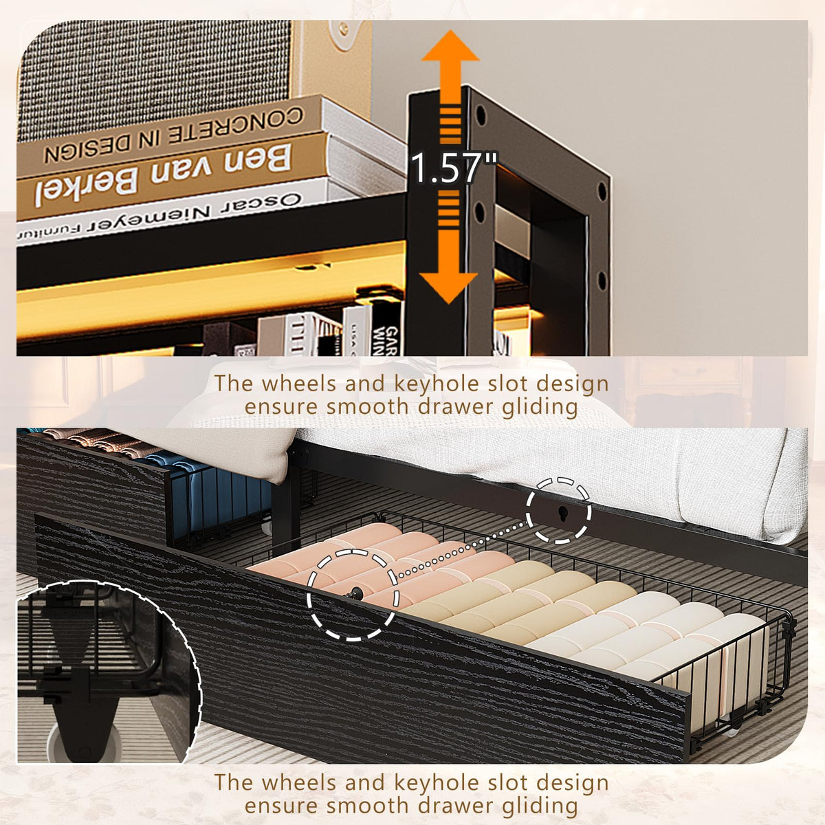 Black Twin Size Metal Bed Frame with 4 Drawers and Storage Headboard O45406