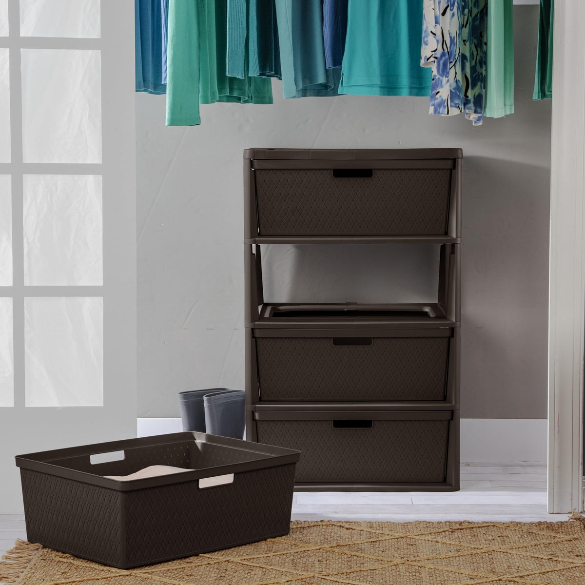 Brown 4 Drawer Plastic Storage Tower with Removable Bins T369965