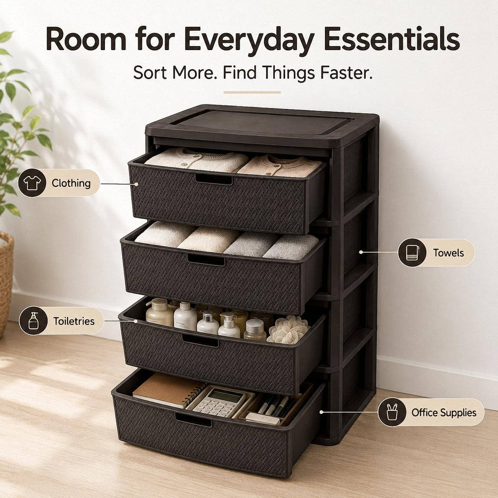 4 Drawer Plastic Storage Tower with Brown Weave Bins A999353