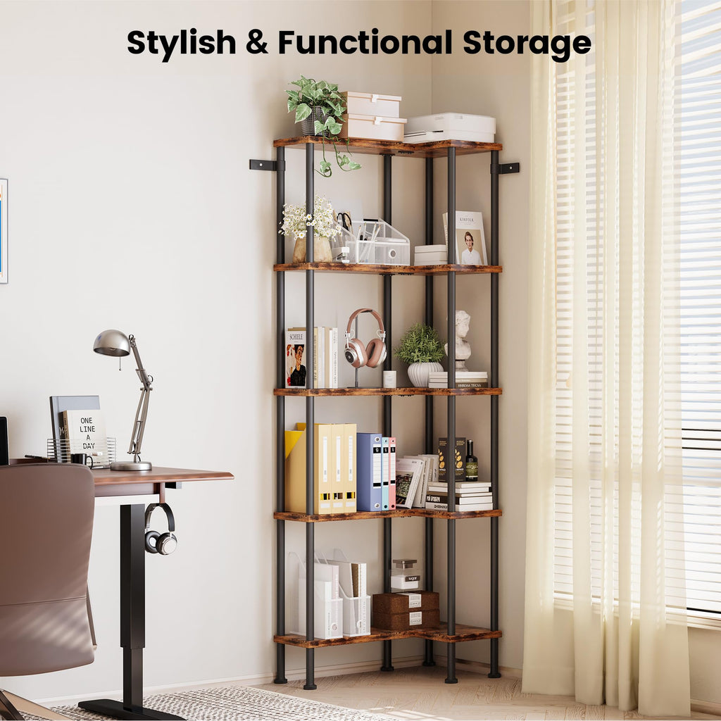 L-Shaped 5-Tier Rustic Brown Bookshelf J6605