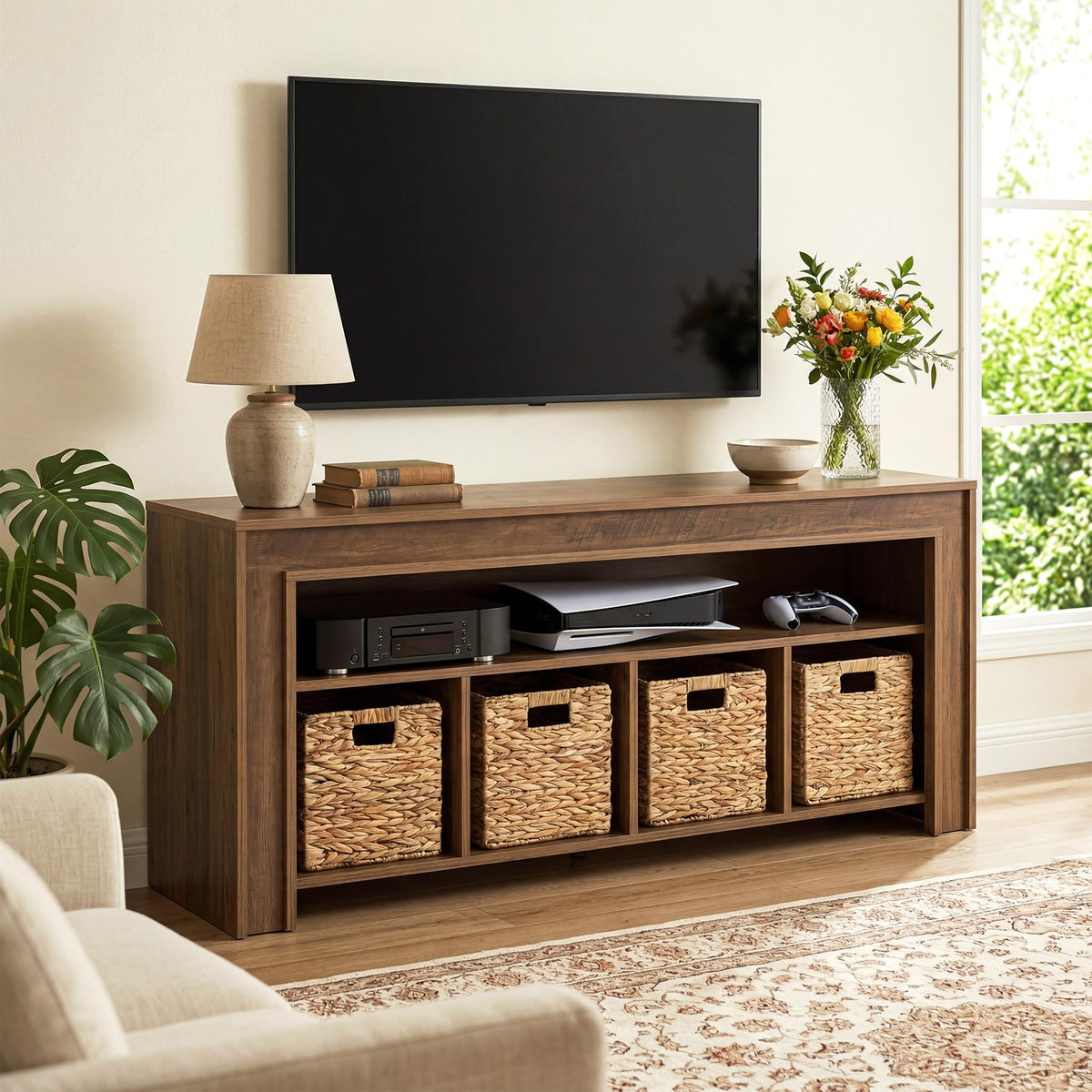 63" Wooden TV Stand with 4 Woven Baskets M39061
