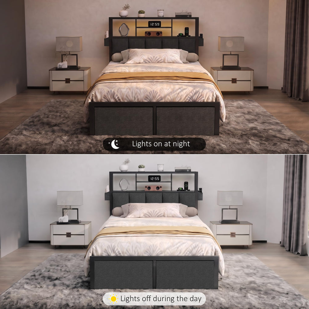Twin Bed Frame with LED Lights, Storage Drawers and Charging Station S5178