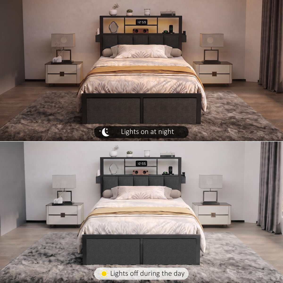Twin Bed Frame with LED Lights, Storage Drawers and Charging Station S5178