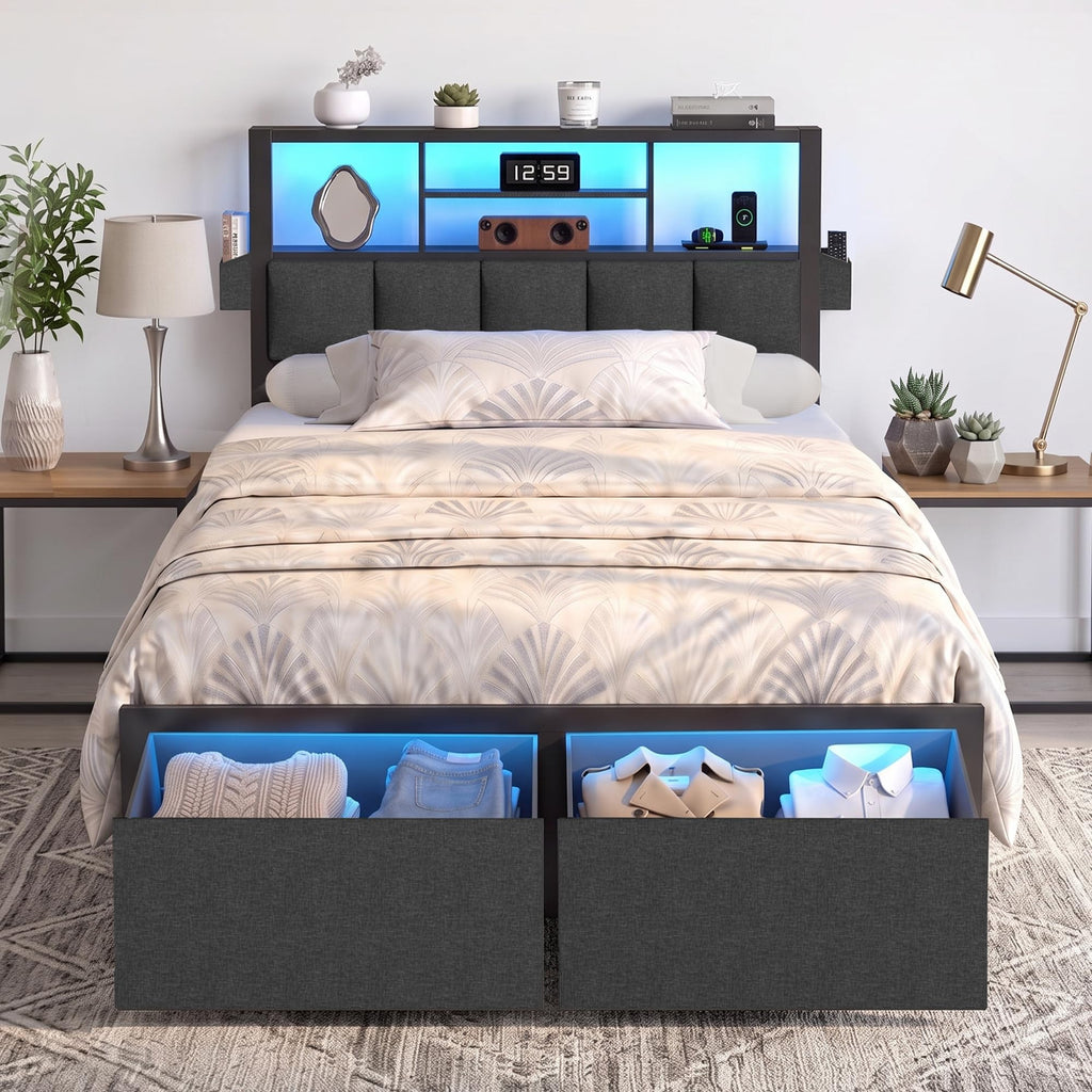 Twin Bed Frame with LED Lights, Storage Drawers and Charging Station S5178