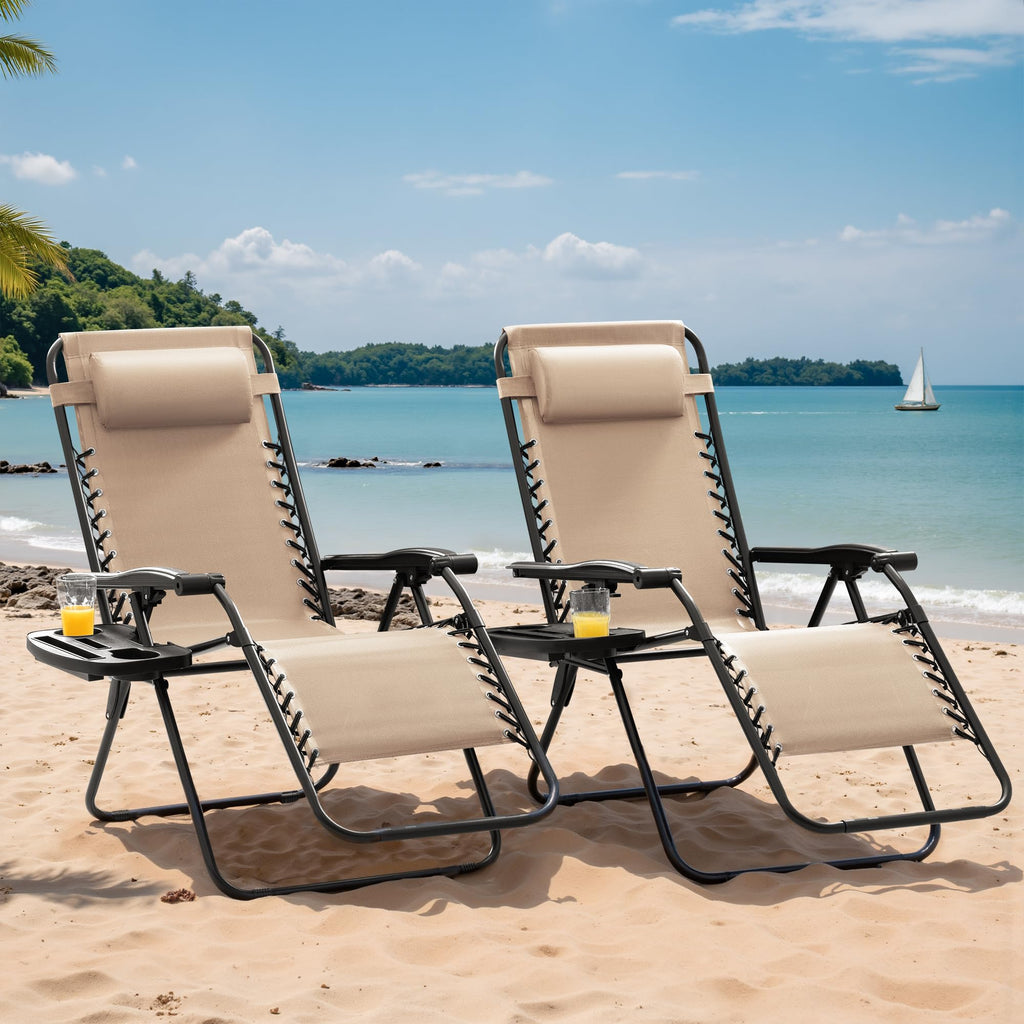 Set of 2 Beige Adjustable Steel Mesh Lounge Chairs with Cup Holder F112039