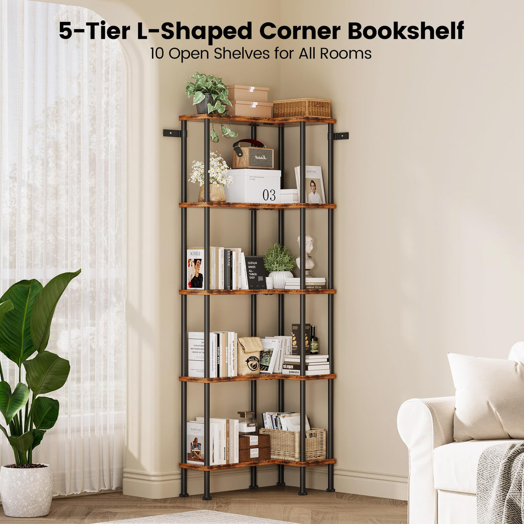 L-Shaped 5-Tier Rustic Brown Bookshelf J6605