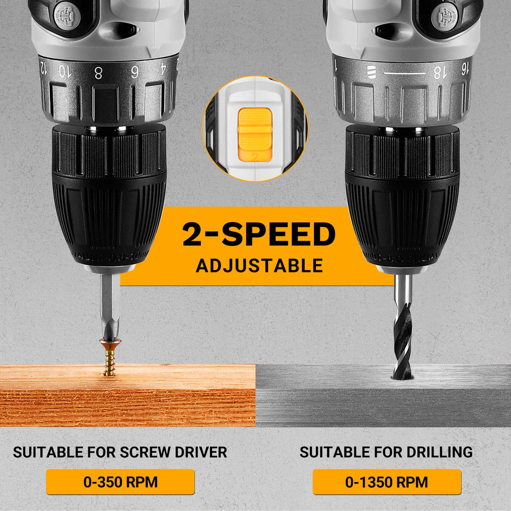 Cordless Power Drill 20V with 3/8-Inch Keyless Chuck, Variable Speed, 2 Batteries A410
