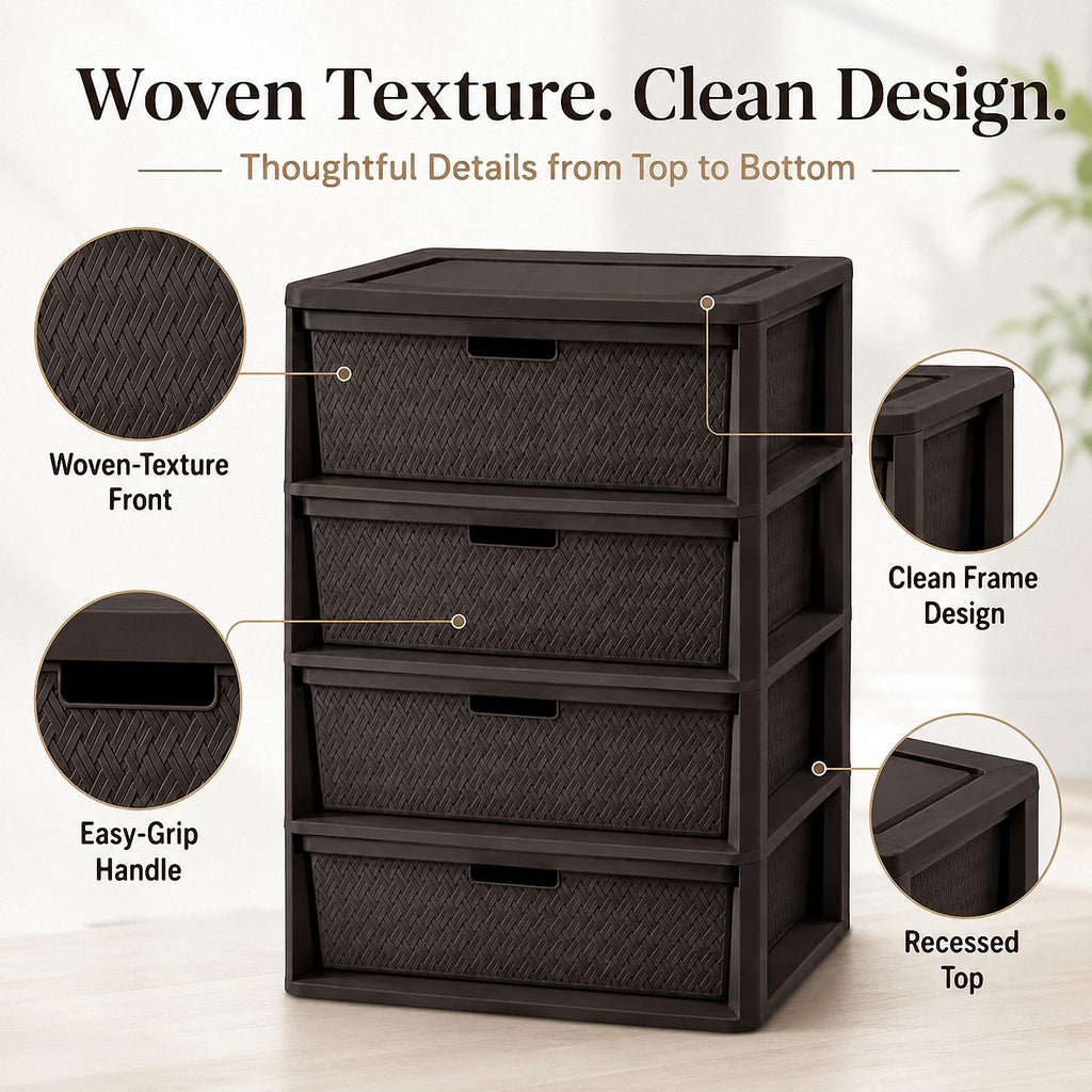 4 Drawer Plastic Storage Tower with Brown Weave Bins A999353