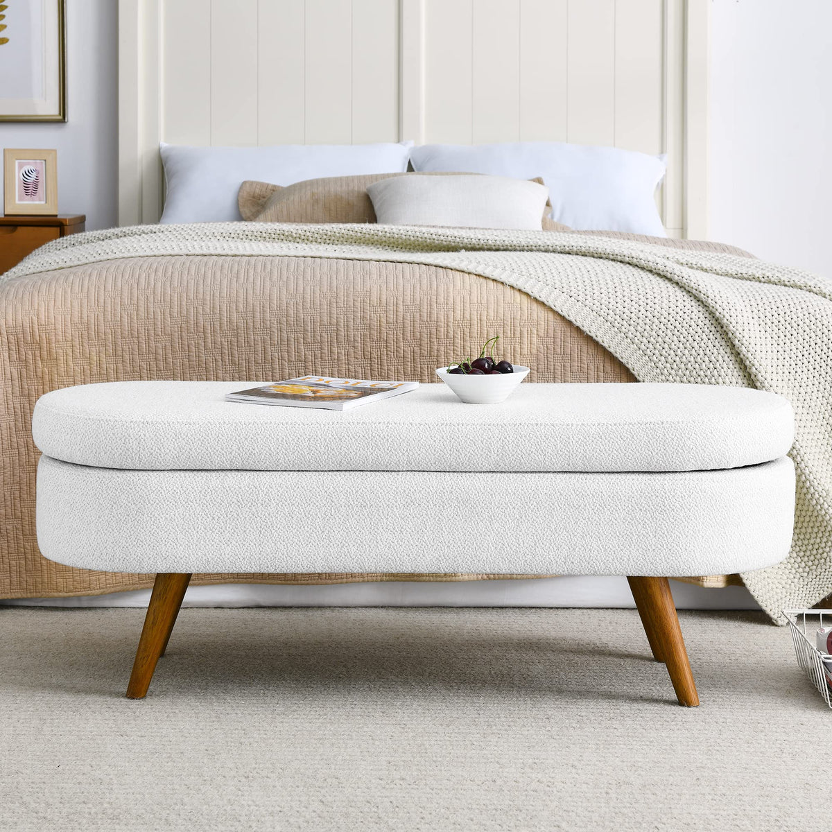 White Storage Bench with Rubber Wood Legs E35000