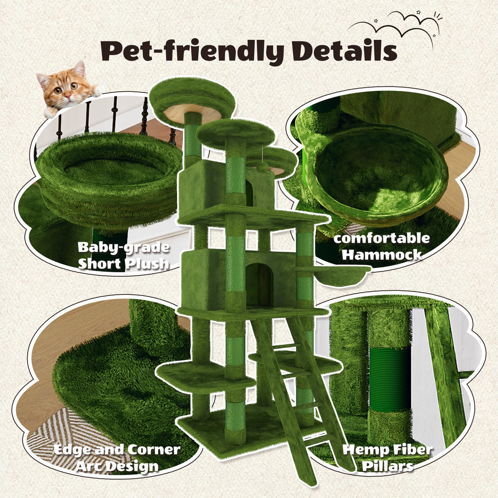 70.87" Green Multi-Level Cat Tree with Condos and Hammock B1550