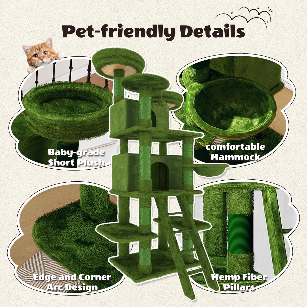 70.87" Green Multi-Level Cat Tree with Condos and Hammock B1550