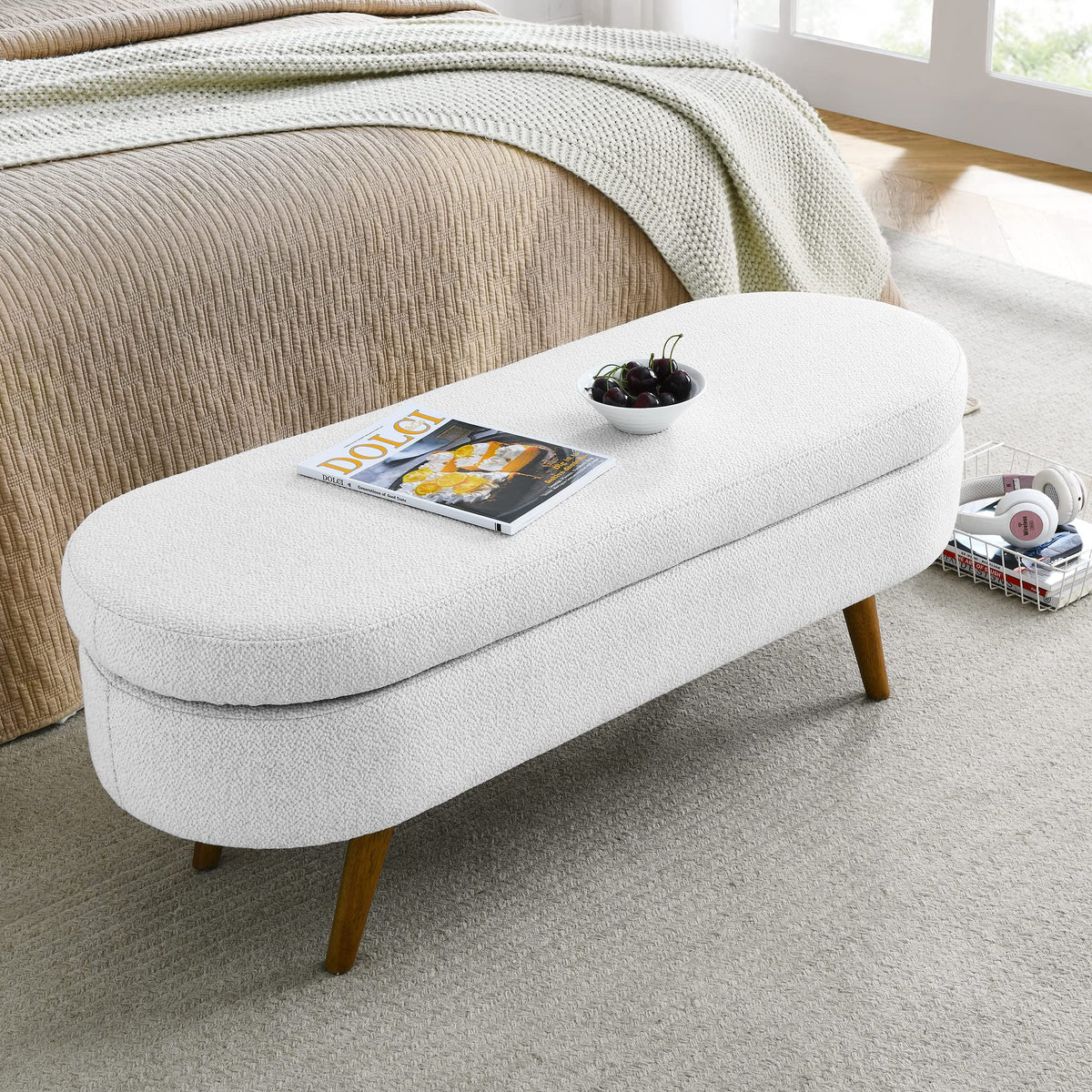 White Storage Bench with Rubber Wood Legs E35000