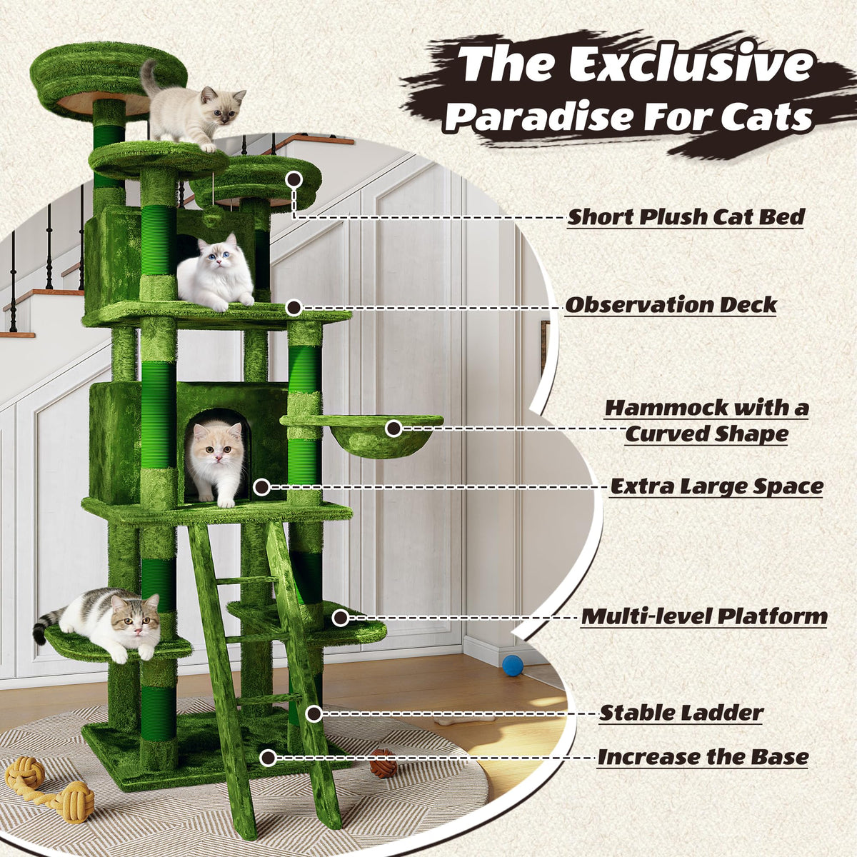 70.87" Green Multi-Level Cat Tree with Condos and Hammock B1550